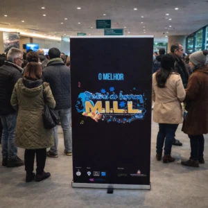Banner roll-up do “Festival de Humor M.I.L.L.” posicionado no hall de um evento no Brasil, com pessoas ao fundo vestindo roupas de inverno e conversando em ambiente interno iluminado.
